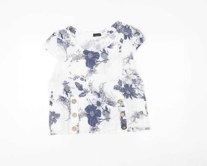 Luca Vanucci Womens White Linen Floral Blouse Size S Scoop Neck