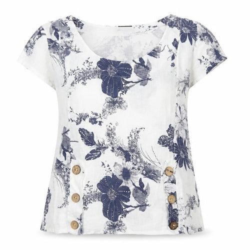 Luca Vanucci Womens White Linen Floral Blouse Size S Scoop Neck