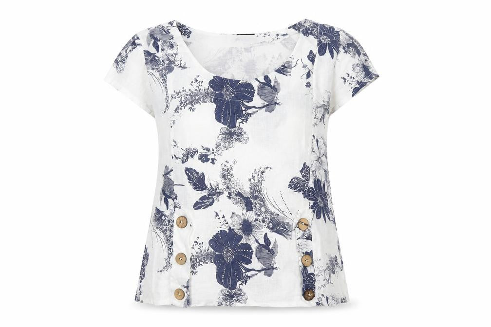Luca Vanucci Womens White Linen Floral Blouse Size S Scoop Neck