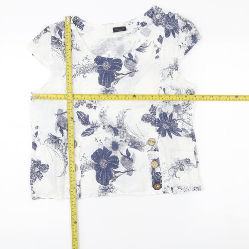Luca Vanucci Womens White Linen Floral Blouse Size S Scoop Neck