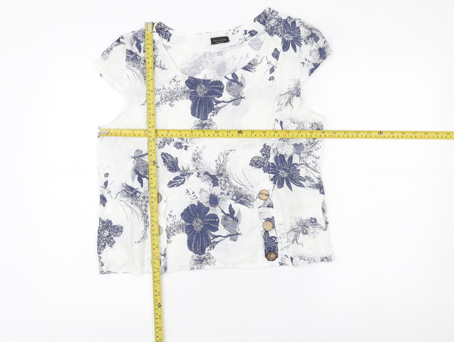 Luca Vanucci Womens White Linen Floral Blouse Size S Scoop Neck