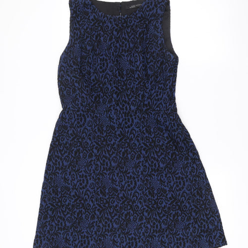 Zara Women Blue Floral Jacquard Sleeveless A-Line Dress Size 12