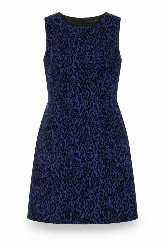 Zara Women Blue Floral Jacquard Sleeveless A-Line Dress Size 12