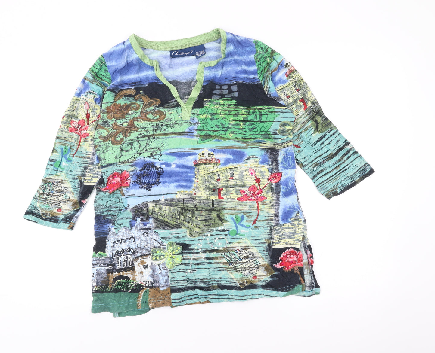 Artscapes Womens Multicoloured Tunic Blouse Size S 3/4 Sleeve V-Neck
