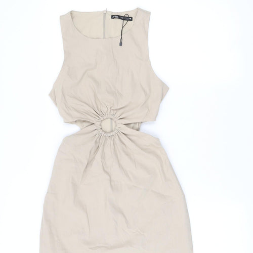 Zara Women Beige XS A-Line Sleeveless Cut Out Mini Dress