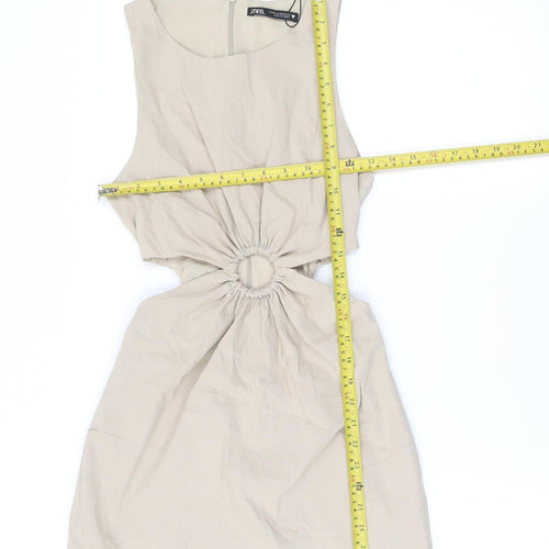Zara Women Beige XS A-Line Sleeveless Cut Out Mini Dress