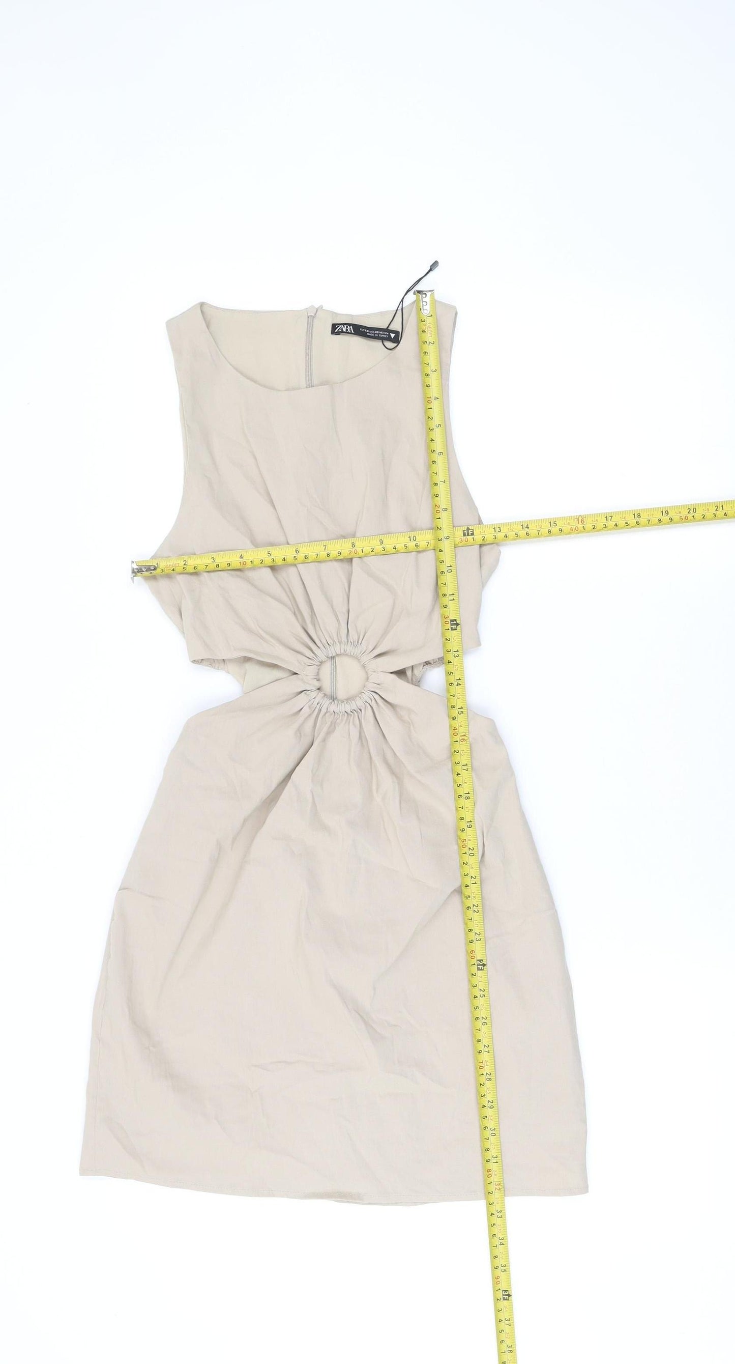 Zara Women Beige XS A-Line Sleeveless Cut Out Mini Dress