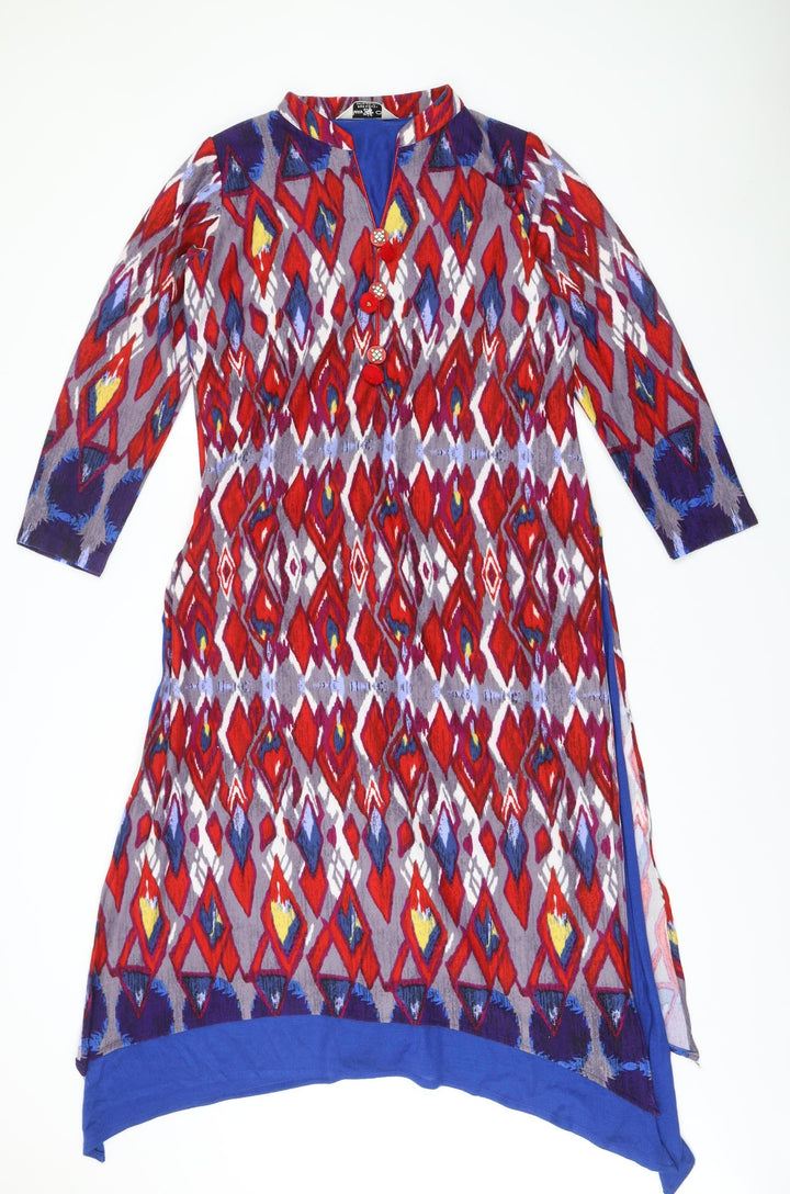 Pretty One Womens Multicoloured XL Midi Shift Dress 3/4 Sleeve V-Neck