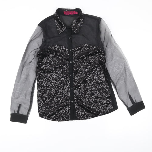 Boohoo Womens Black Sequin Sheer Long Sleeve Button-Up Blouse Size 8