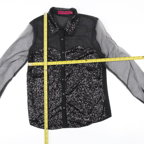 Boohoo Womens Black Sequin Sheer Long Sleeve Button-Up Blouse Size 8