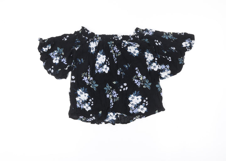 Hollister Womens Black Floral Off Shoulder Cropped Blouse XS