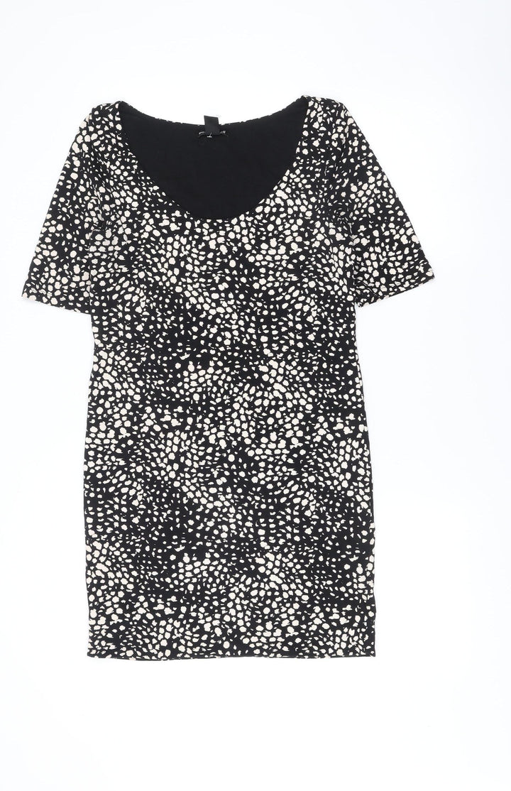 H&M Women Black Animal Print Bodycon Dress Size 12 Short Sleeve