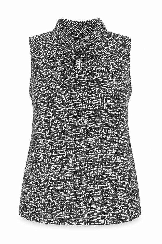 Front view of Edina Ronay women’s black white geometric sleeveless blouse, size UK 16