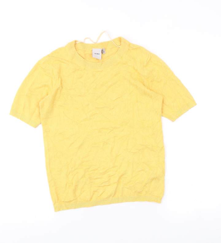 ICHI Womens Yellow Knit Short Sleeve T-Shirt Size S