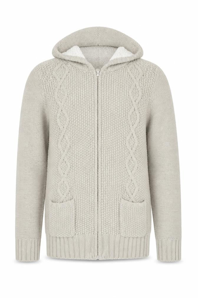 Front view of Cotton Traders Men’s Beige Knit Hooded Full Zip Jacket, size L, 42in