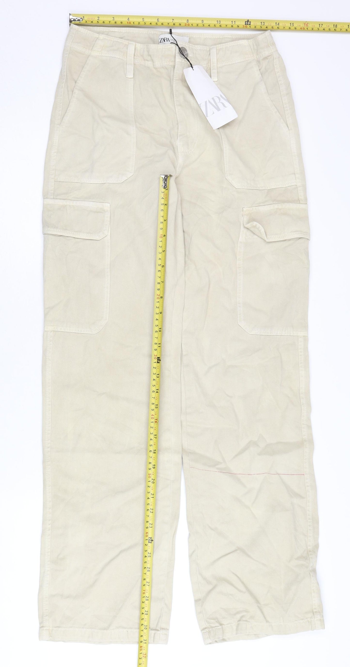 Zara Women Beige Cargo Trousers Size 8 Cotton Utility Pants