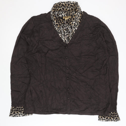 Notations Womens Brown Leopard Print XL Cardigan Long Sleeve V-Neck