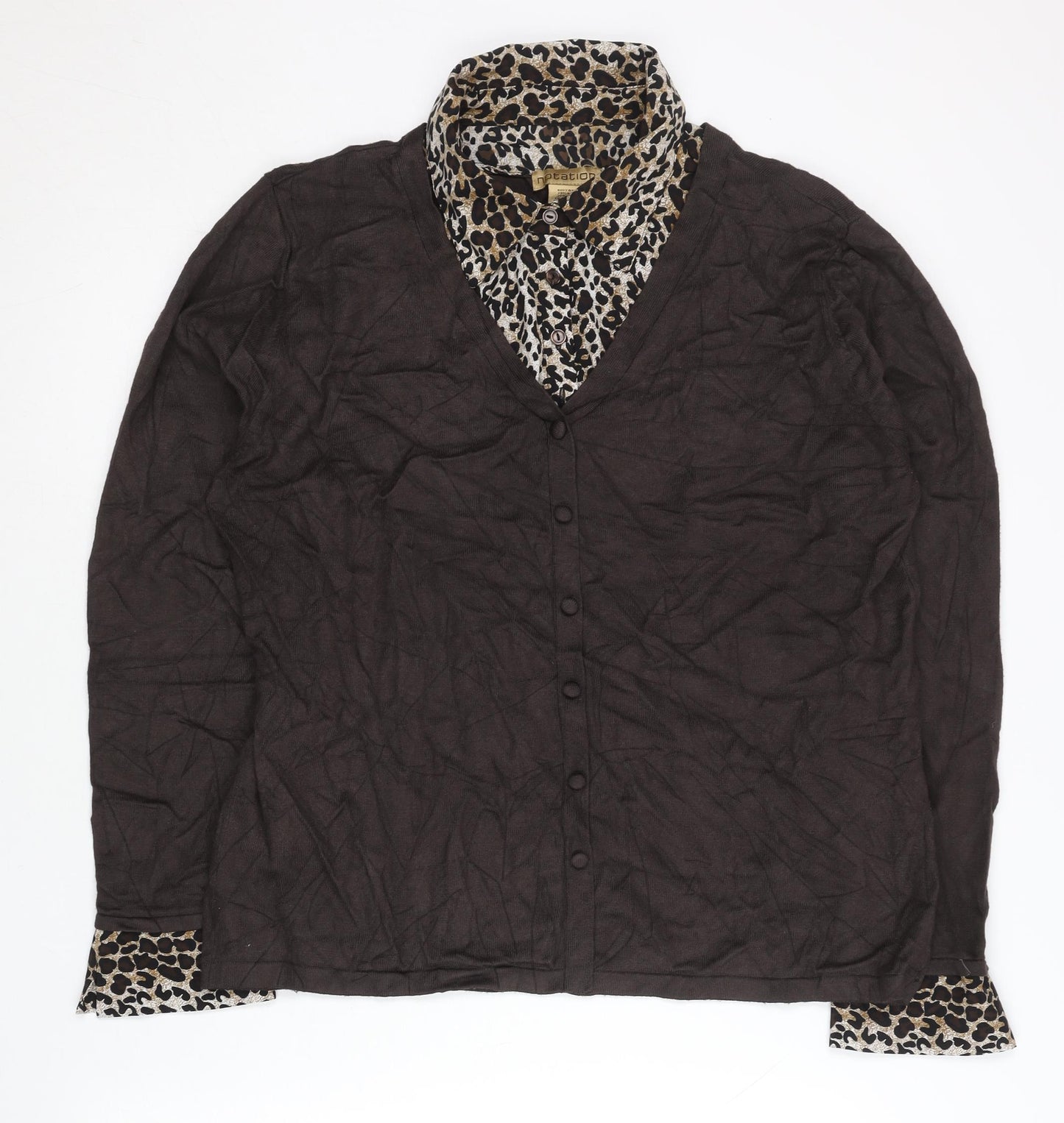 Notations Womens Brown Leopard Print XL Cardigan Long Sleeve V-Neck