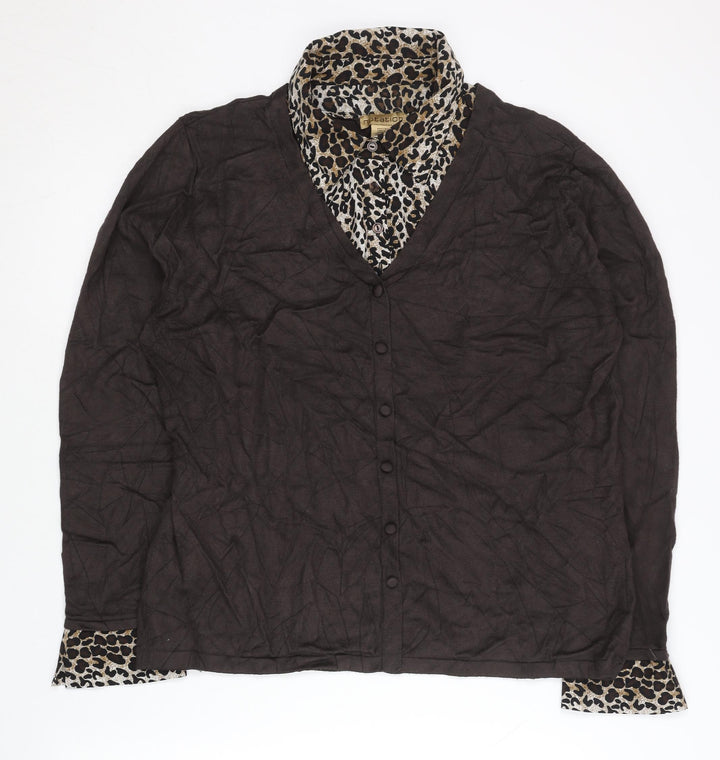 Notations Womens Brown Leopard Print XL Cardigan Long Sleeve V-Neck