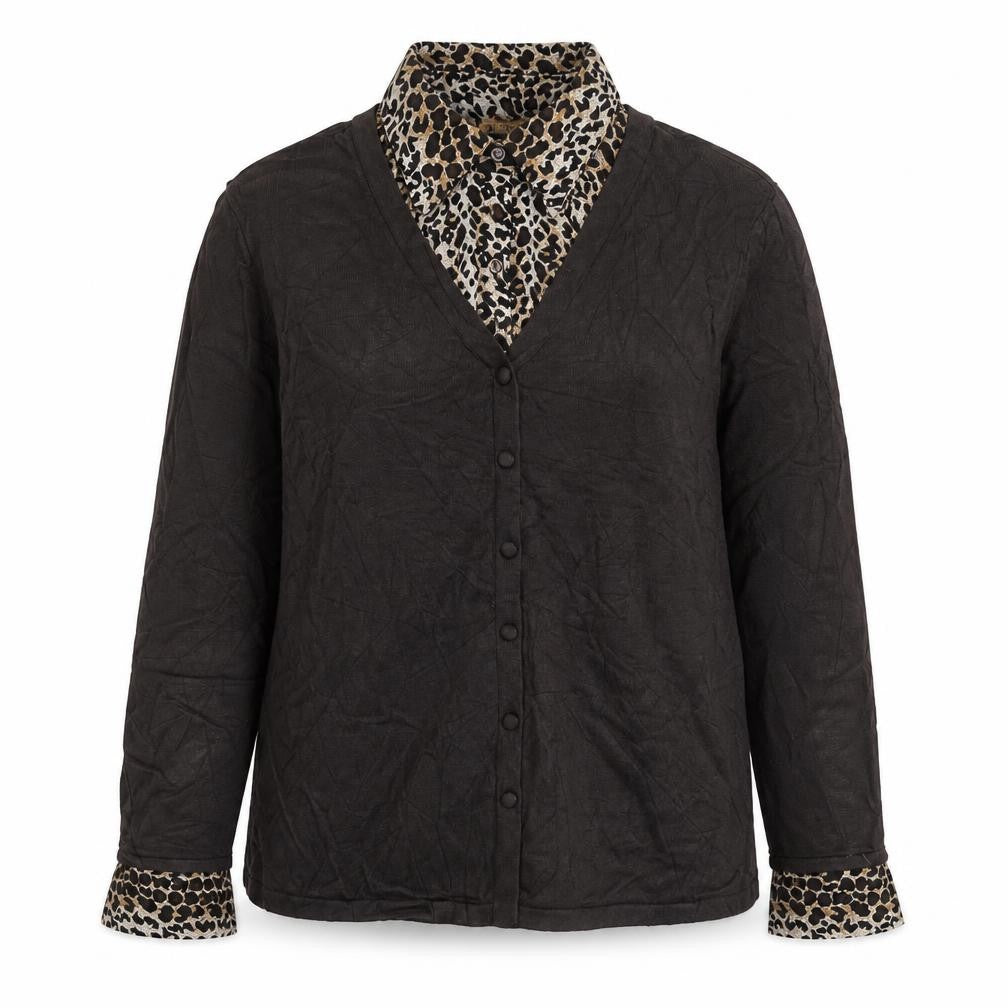 Front view of Notations women’s brown leopard print xl cardigan long sleeve v-neck