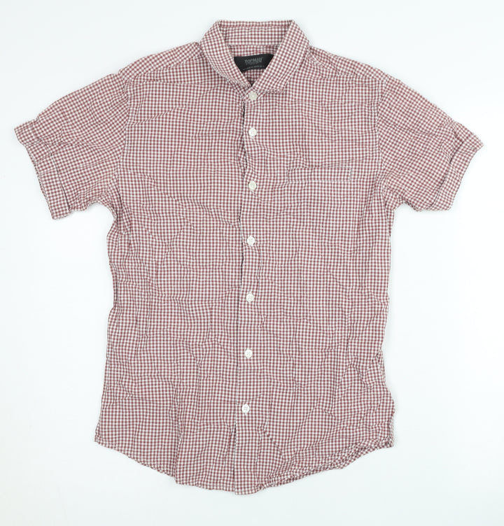 Topman Mens Red Check Cotton Slim Fit Short Sleeve Shirt S