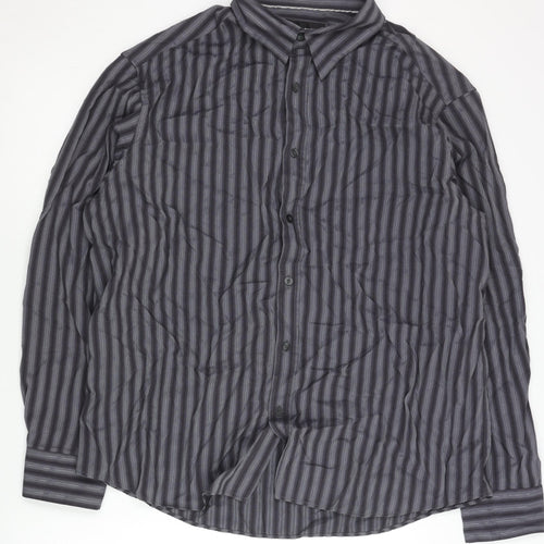 Marks and Spencer Men’s Grey Striped XL Long Sleeve Button-Up Shirt