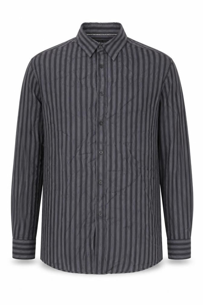 Front view of Marks & Spencer Men’s Grey Striped XL Long Sleeve Button-Up Shirt