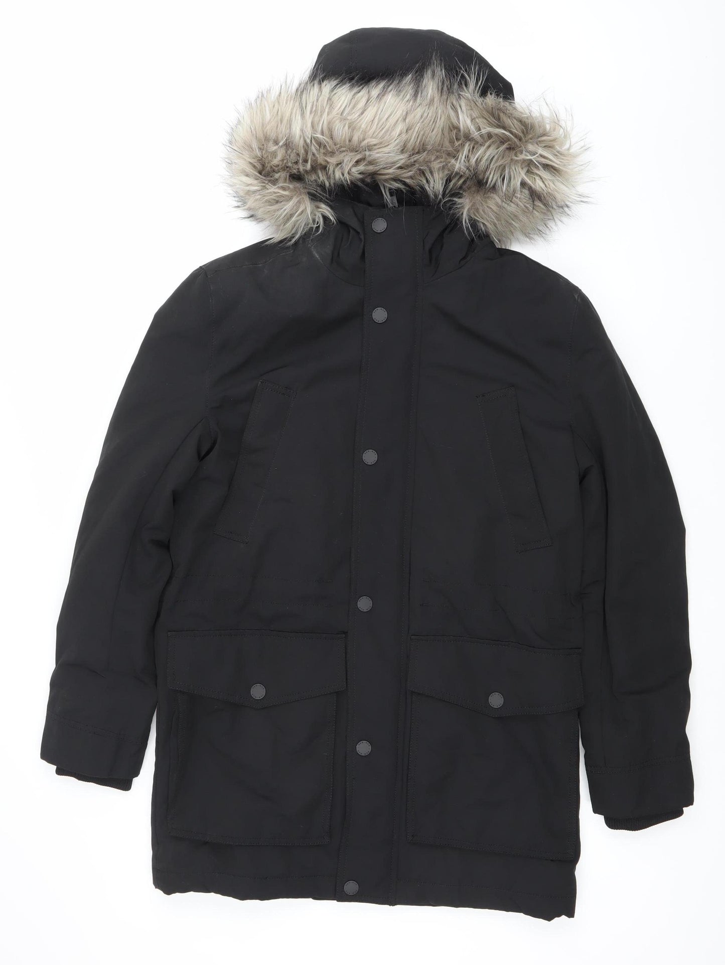 H&M Womens Black XS Parka Coat Faux Fur Hood Winter Jacket