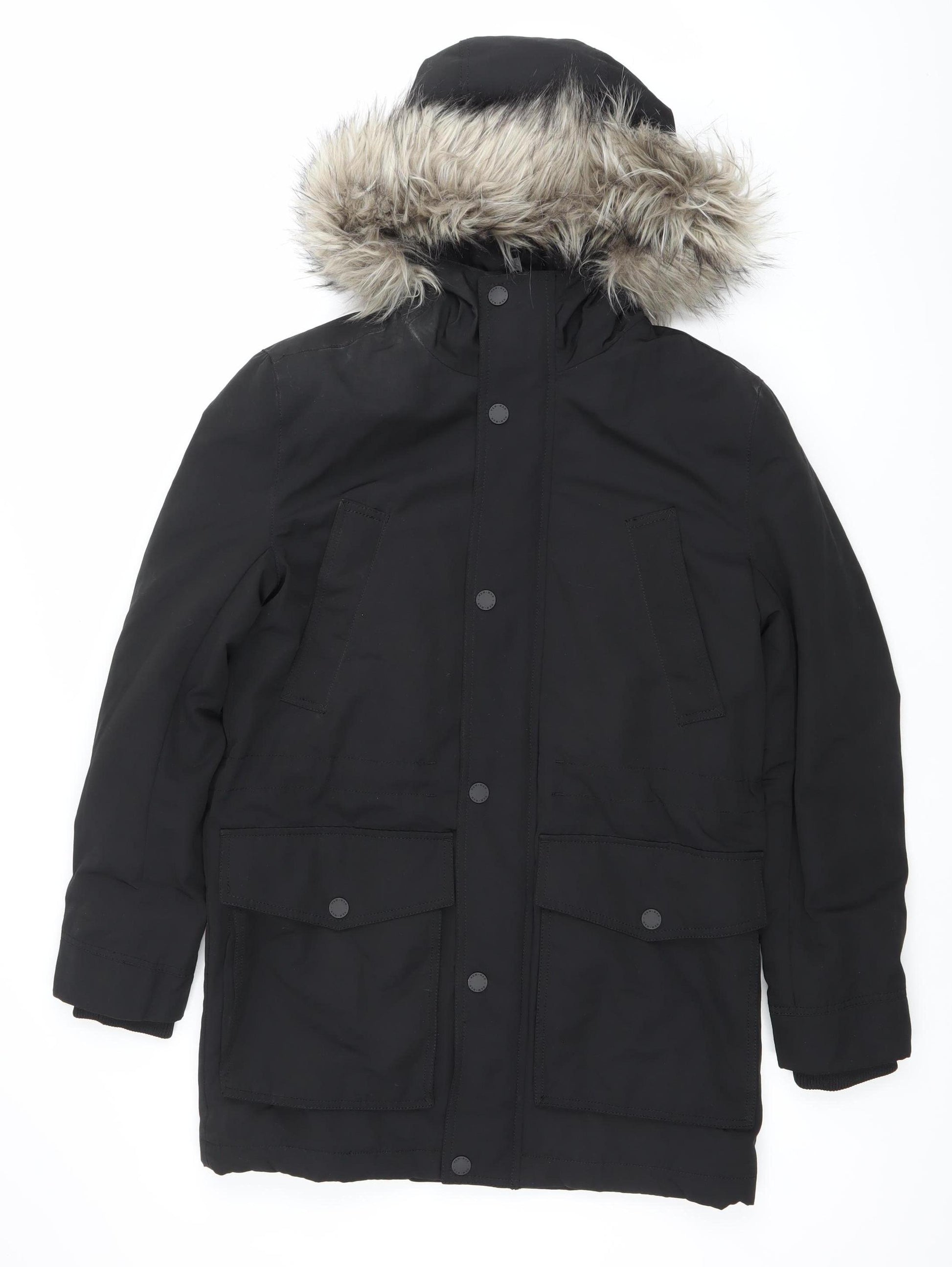 H&M Womens Black XS Parka Coat Faux Fur Hood Winter Jacket – Preworn