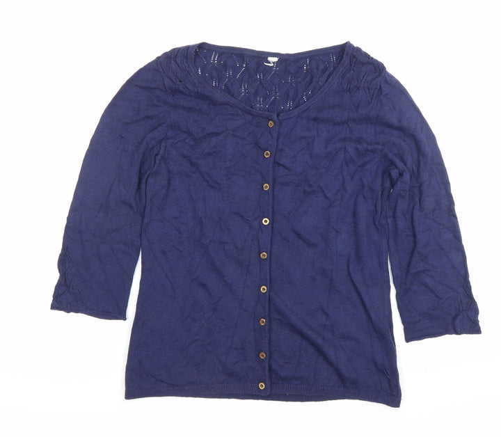 Weird Fish Women’s Blue Cardigan Size 10 Scoop Neck 3/4 Sleeve Knit