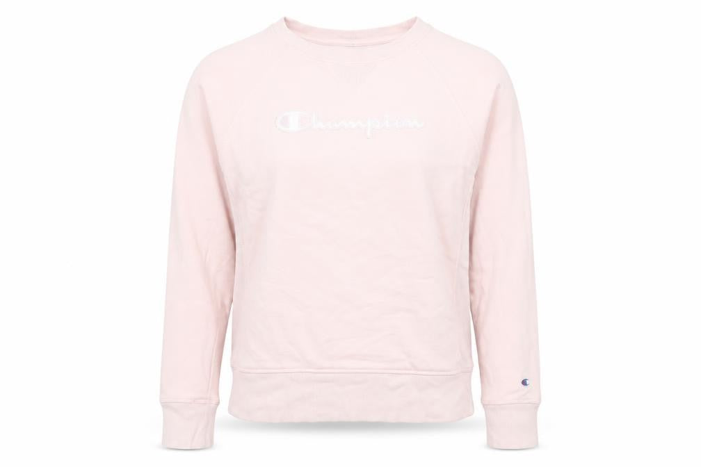 Front view of Champion women’s pink pullover sweatshirt l logo embroidered casual