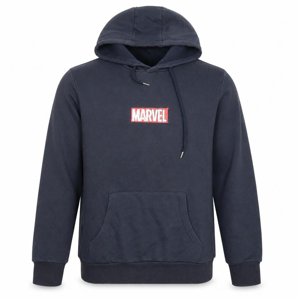 Front view of Marvel Men’s Blue Pullover Hoodie M Regular Fit Graphic Logo