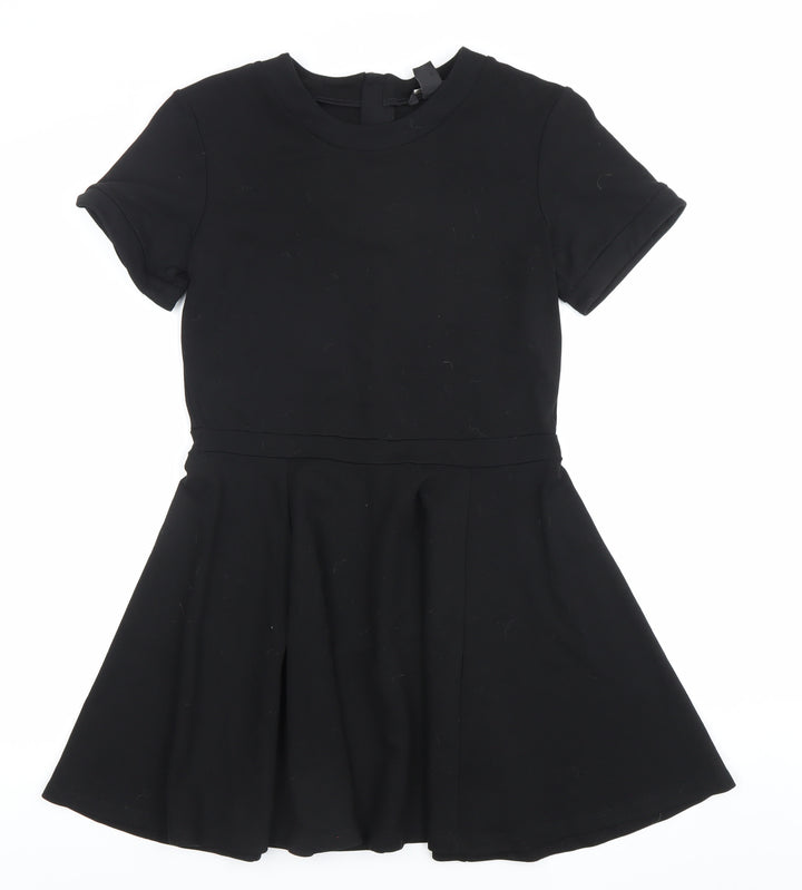 H&M Women Black Size 8 Skater Dress Short Sleeve Stretch Zip