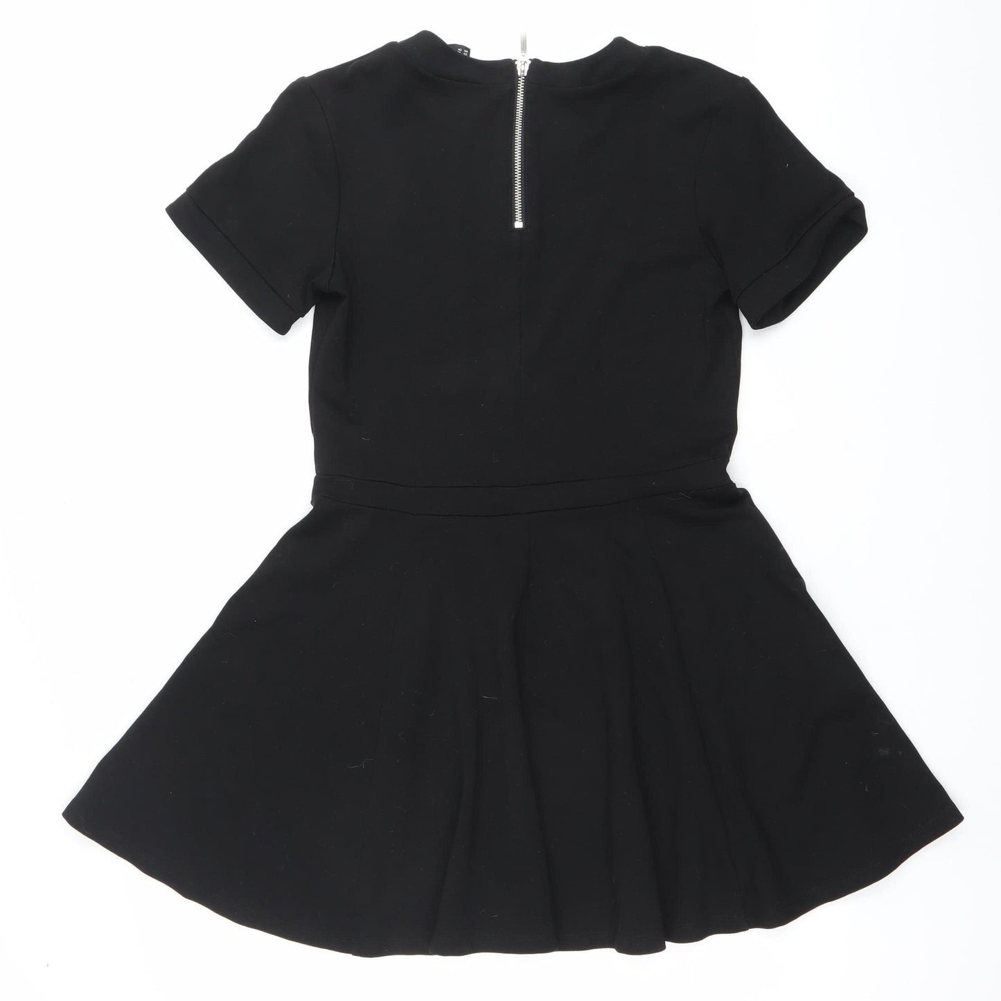 H&M Women Black Size 8 Skater Dress Short Sleeve Stretch Zip