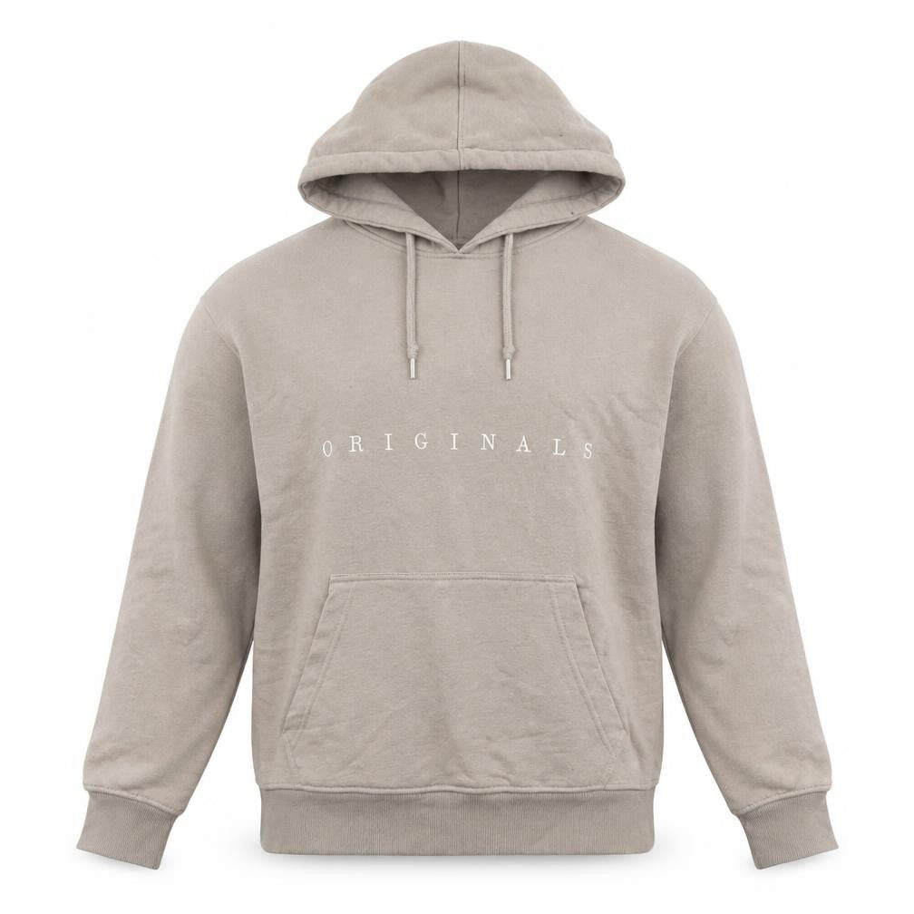 Front view of Jack & Jones men’s beige pullover hoodie, size M, originals logo