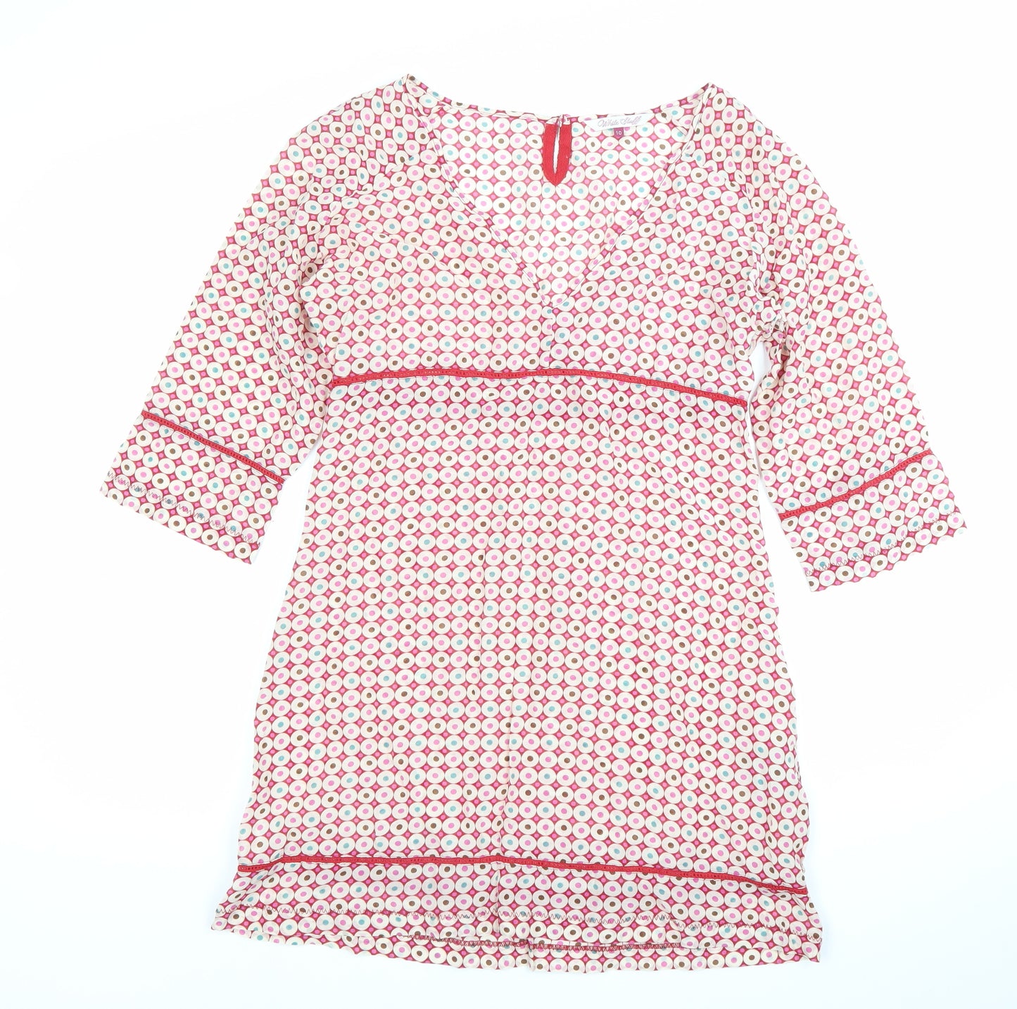 White Stuff Womens Pink Geometric Shift Dress Size 10 V-Neck 3/4 Sleeve