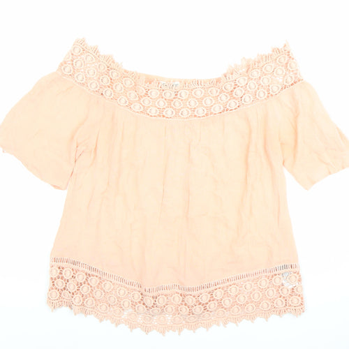 Miss Selfridge Womens Pink Off Shoulder Crochet Cotton Blouse Size 8
