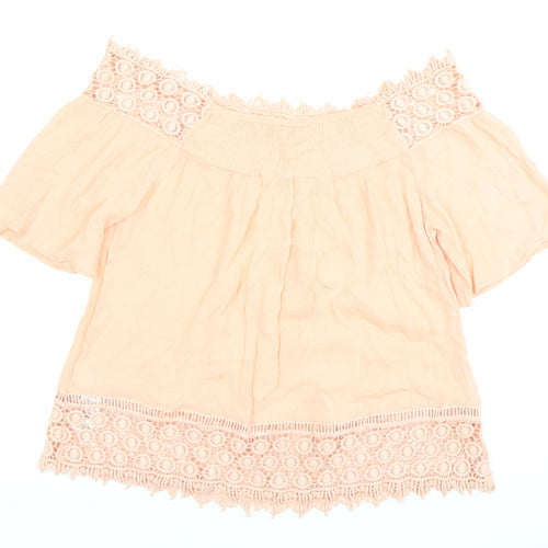 Miss Selfridge Womens Pink Off Shoulder Crochet Cotton Blouse Size 8