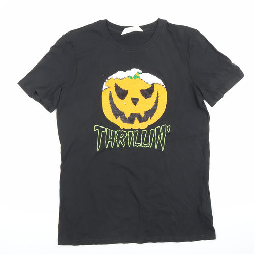 H&M Boys Black Halloween Pumpkin Sequin Graphic T-Shirt 12-13 Years