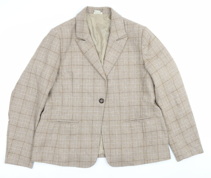 Cotton Traders Women's Beige Check Blazer Size 16 Single-Breasted Jacket