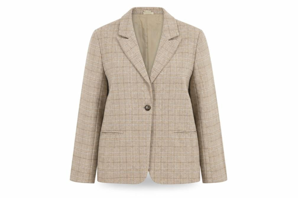 Front view of Cotton Traders Women's Beige Check Blazer, size 16, Single-Breasted Jacket