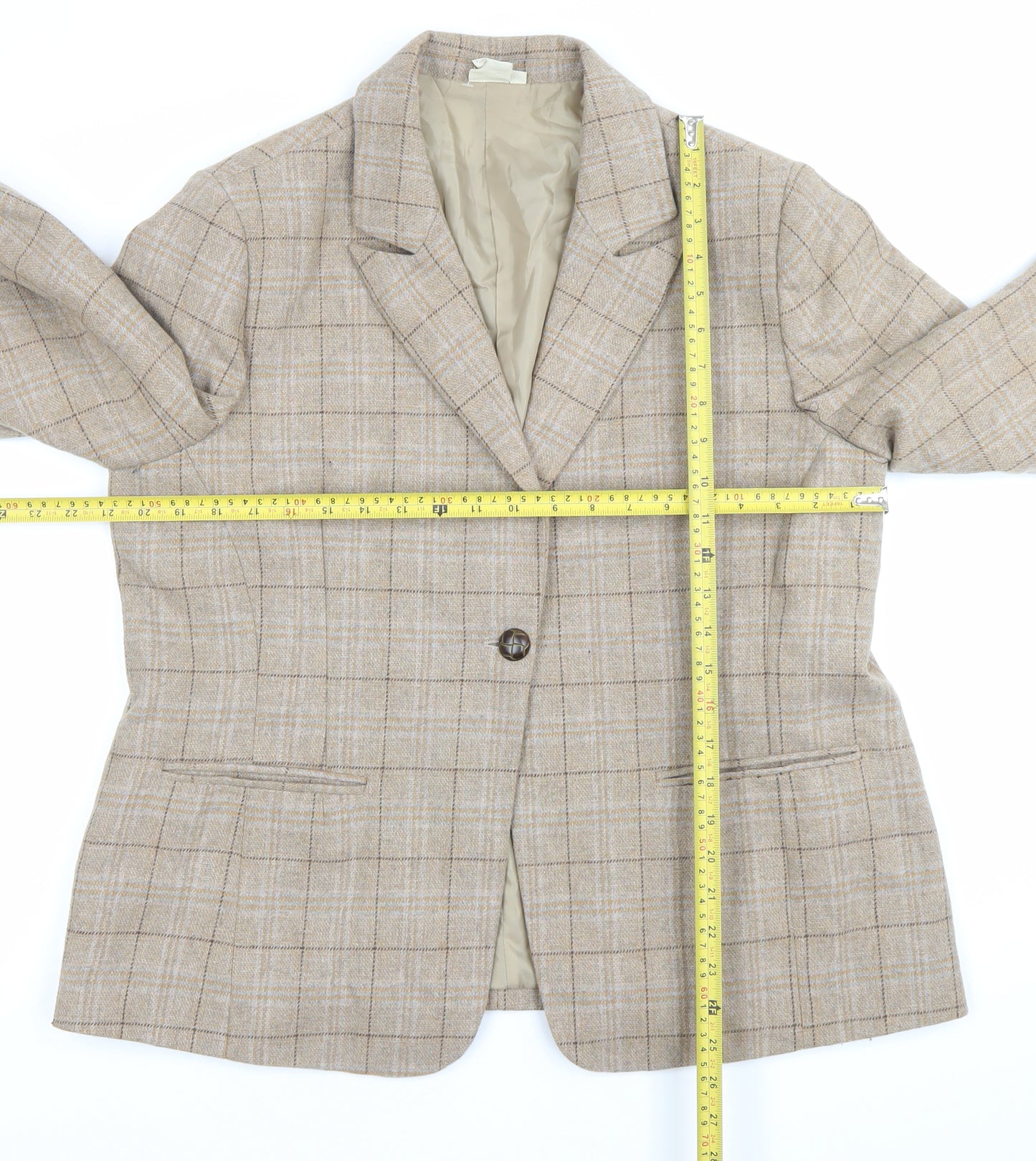 Cotton Traders Women's Beige Check Blazer Size 16 Single-Breasted Jacket