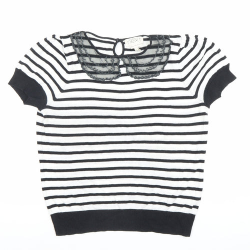 Next Women Black White Striped Cotton Blouse Size 12 Short Sleeve