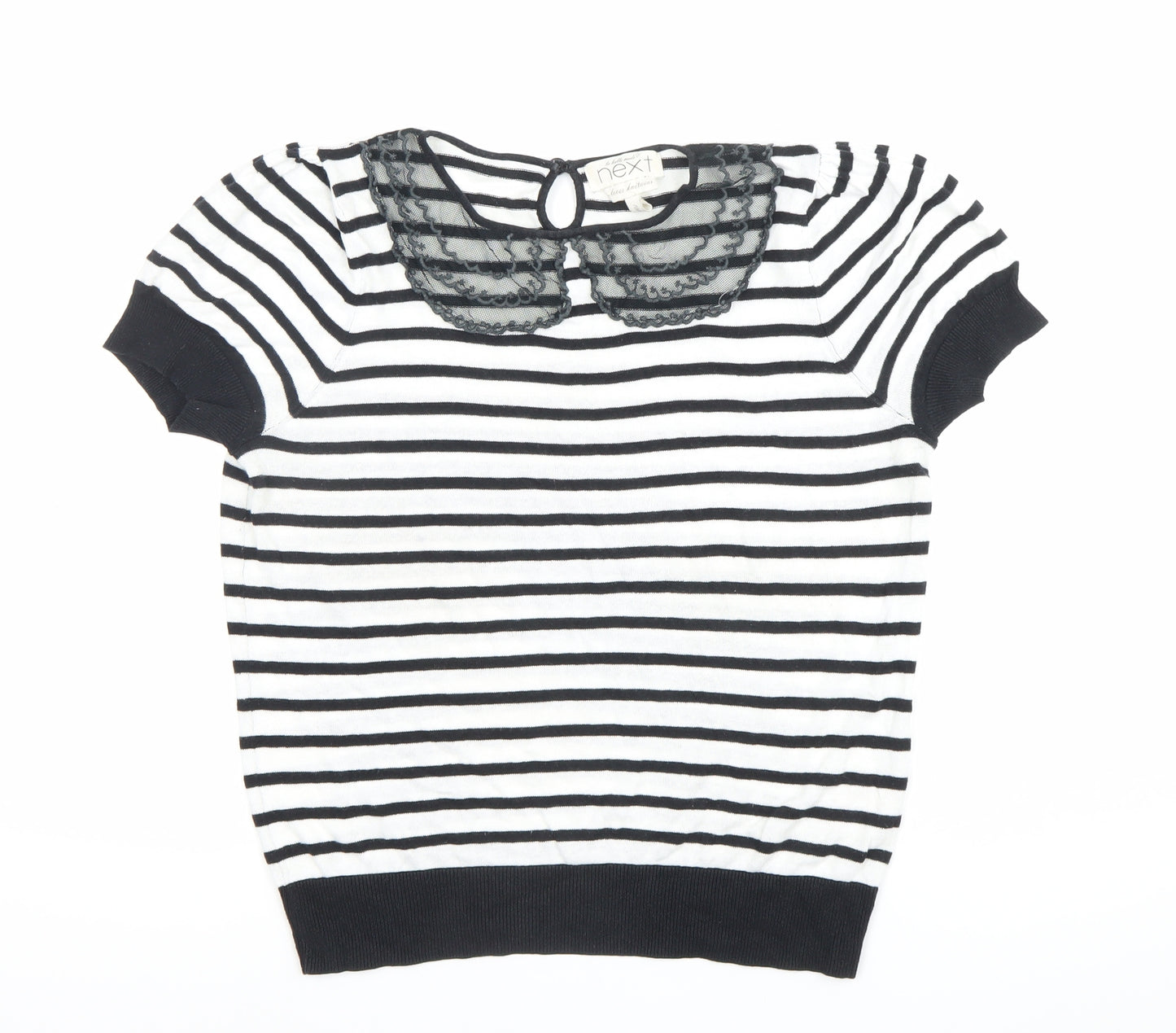 Next Women Black White Striped Cotton Blouse Size 12 Short Sleeve