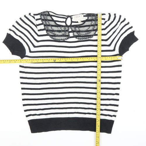 Next Women Black White Striped Cotton Blouse Size 12 Short Sleeve