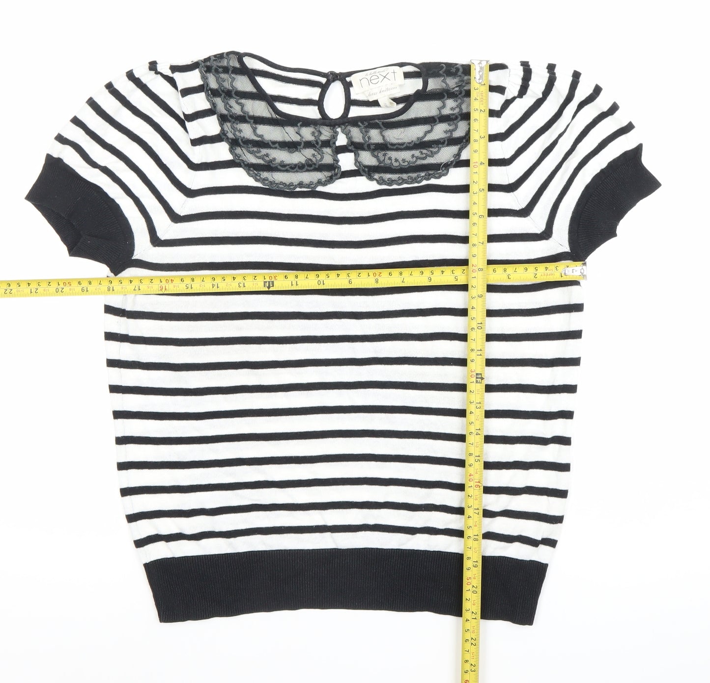 Next Women Black White Striped Cotton Blouse Size 12 Short Sleeve