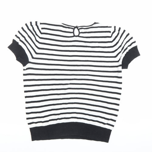 Next Women Black White Striped Cotton Blouse Size 12 Short Sleeve