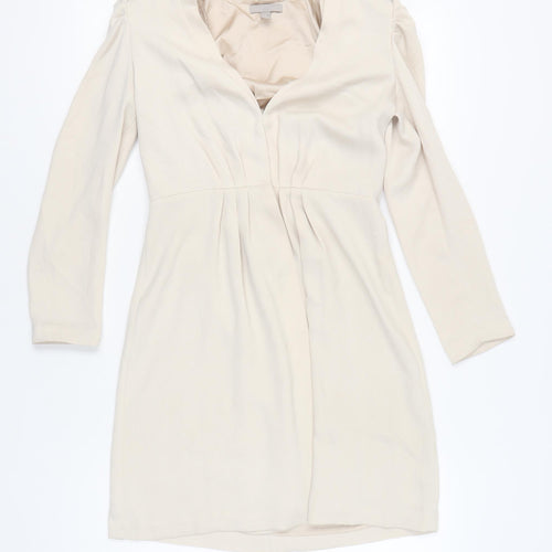 H&M Women Beige Sheath Dress Size 8 Puff Sleeve V-Neck