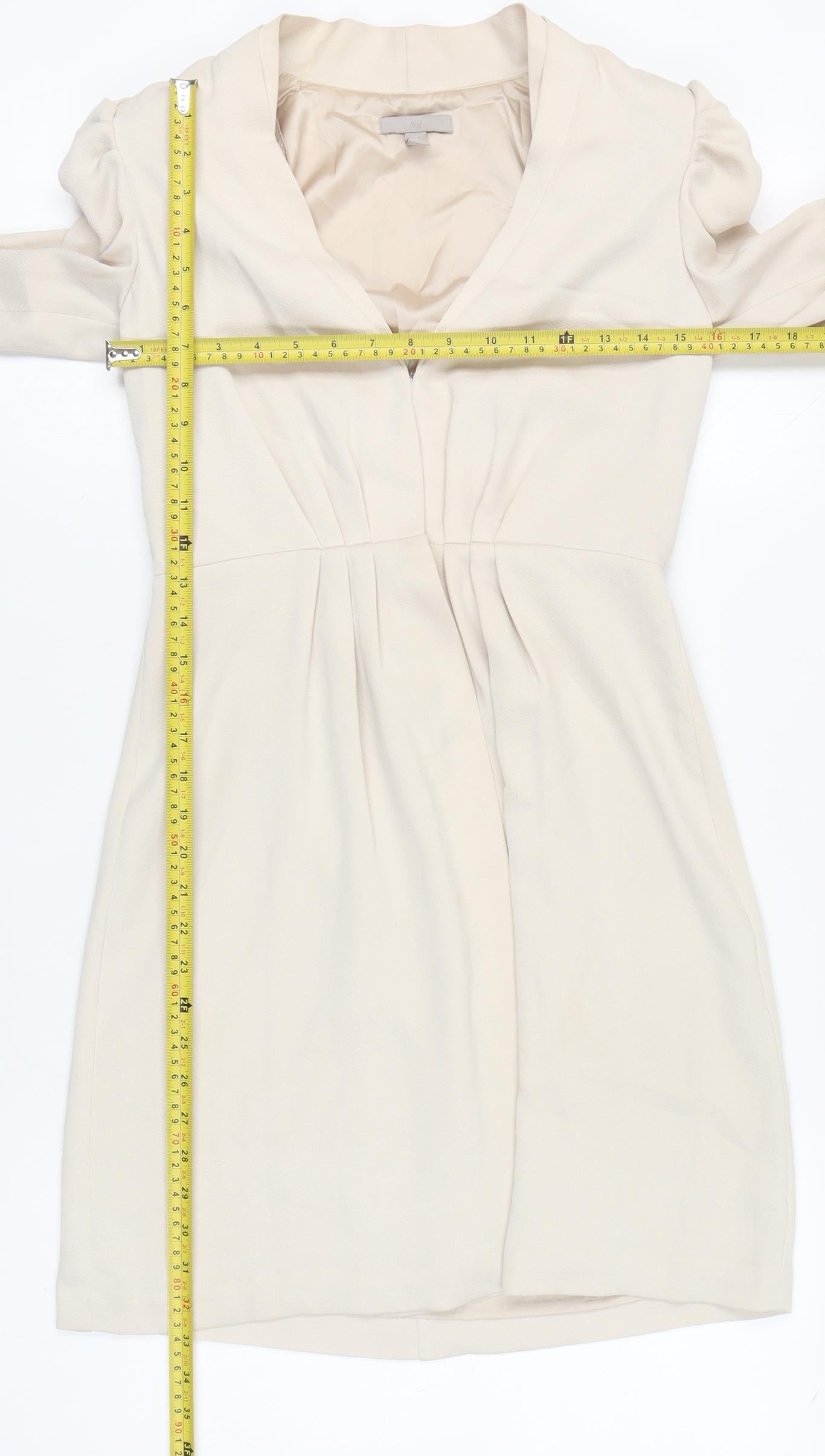H&M Women Beige Sheath Dress Size 8 Puff Sleeve V-Neck