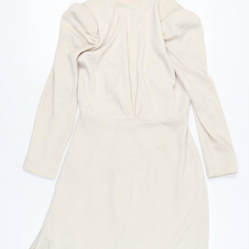 H&M Women Beige Sheath Dress Size 8 Puff Sleeve V-Neck